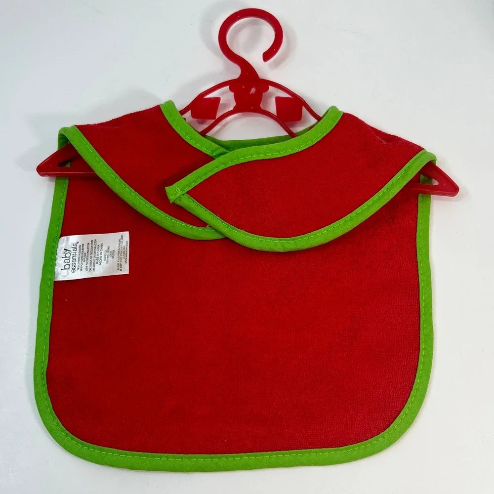 Baby Essentials Babys First Christmas Bib Red Green Santa Reindeer Terry Cloth